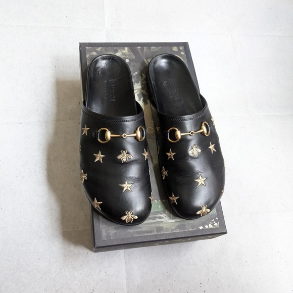 Gucci Other - Gucci Horsebit Loafers Mules Men US 9.5 Black Gold Stars Bees Leather